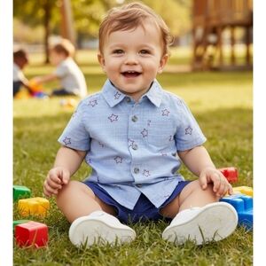 Baby Cat & Jack Chambray Star top & Navy Pull on shorts set Size 18M